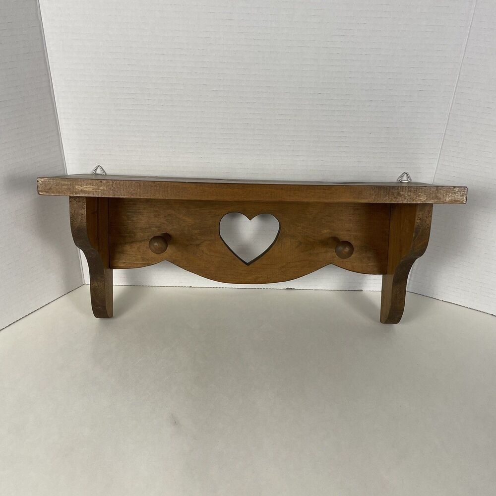 18” Vintage Cottage Core Wooden Heart Hanging Wall Shelf Pegs Farmhouse Rustic